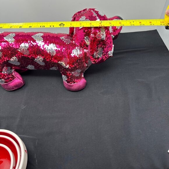 Valentine Weiner Dachshund Dog Sequin Pink Silver Hearts Reverse 18in Toy Plush - Picture 13 of 16